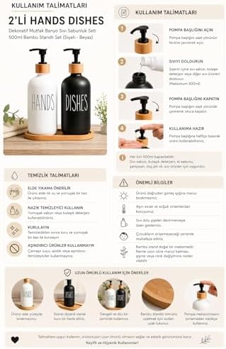 2’li Hands Dishes Siyah Beyaz Cam Sıvı Sabunluk Seti 500 ml, Bambu Standlı Dekoratif Mutfak & Banyo Sabunluk Dispenser Seti Şık Modern Tasarım - Görsel 3