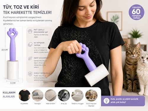 4’lü Set Tüy Toplama Rulosu, 60 Yapraklı Güçlü Yapışkan Sticky Roller, Pati Tasarımlı Sap, Kedi Köpek Tüyü Temizleyici, Kıyafet Koltuk Halı ve Araç İçi İçin (20 cm) - Görsel 3