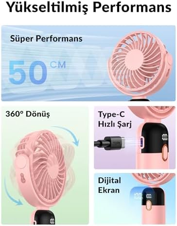 Warmco K70 Taşınabilir Şarjlı El Vantilatörü 2400mAh 360° Döner Başlıklı ve Standlı Dijital Ekranlı Soğutucu Fan Pembe