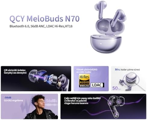 Alternative view of QCY MeloBuds N70, Bluetooth 5.2, Kulak İçi Kulaklık, Siyah, Hi-Res Audio, LDAC, 50dB Hibrit ANC, 50 Saat Pil Ömrü, Kablosuz Şarj