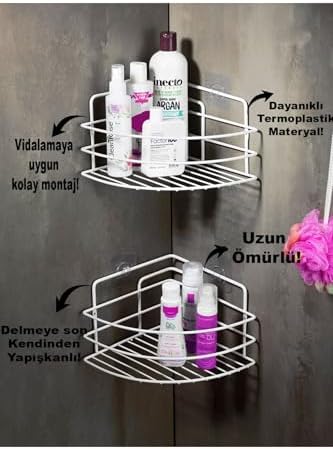 Yapışkanlı Banyo Köşeliği Düzenleyici Şampuanlık Duş Rafı 2 Adet Beyaz Paslanmaz Çelik
