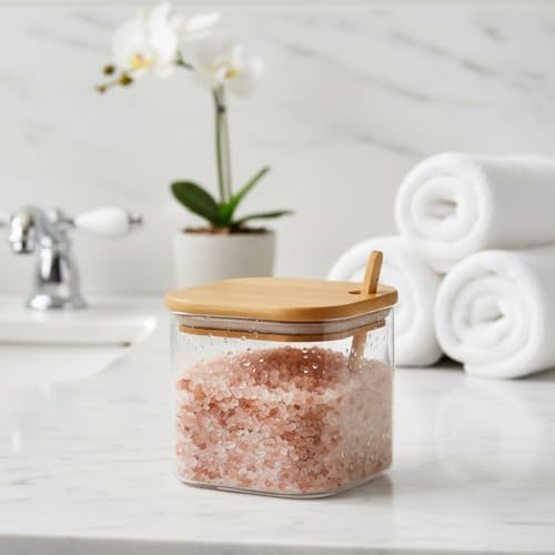 600 ml Bambu Kapaklı ve Kaşıklı Kare Cam Kavanoz, Vakumlu Ahşap Kapaklı Baharatlık, Kendinden Kaşık Yuvalı Şeker, Kahve ve Banyo Tuzu Saklama Kabı