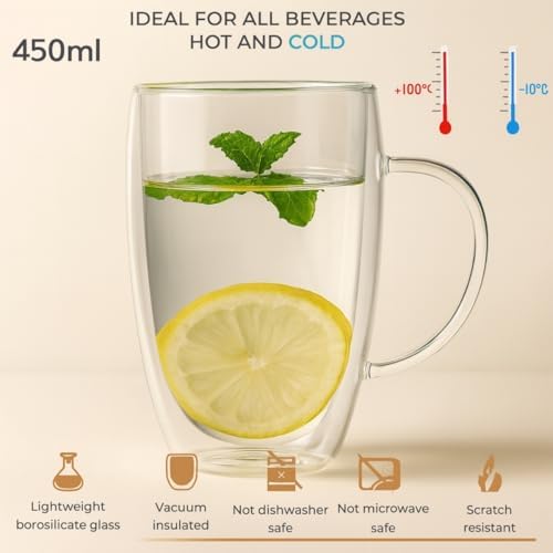 450 ml Çift Cidarlı Şeffaf Cam Kupa – Isıya Dayanıklı, Sıcak ve Soğuk İçeceklere Uygun, Şık ve Dayanıklı Borosilikat Cam Bardak