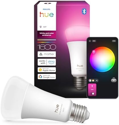 Hue LED A67 lamba, beyaz ve renkli ambiyans, E27 duy, 11,8 W, tam spektrumlu ışık 1000 K-20000 K, 1600 lümen, kısılabilir, Alexa, Google Assistant ve Apple Home ile uyumlu, tekli paket