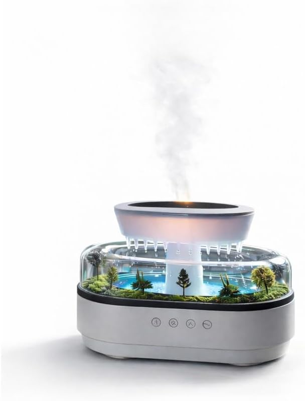 Yağmur Damlası Efektli Hava Nemlendirici ve Aroma Difüzör, Doğa Ses Modları, LED Ambiyans Işıklı, Sessiz Çalışma, Dekoratif Tasarım