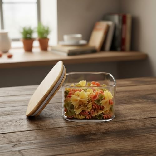 400 ml Bambu Kapaklı Kare Cam Saklama Kabı - Dikey Çizgili Rölyef Desenli Vakumlu Kahvaltılık ve Erzak Kabı (10x10x6 cm) - Görsel 3