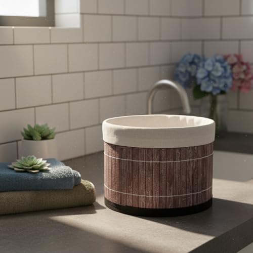 Yuvarlak Bambu Düzenleyici ve Saklama Sepeti – Çok Amaçlı Banyo, Makyaj ve Ofis Organizeri, Kumaş Astarlı Dekoratif Silindir Kutu (18x13 cm, Gri)