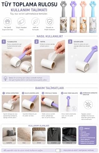 4’lü Set Tüy Toplama Rulosu, 60 Yapraklı Güçlü Yapışkan Sticky Roller, Pati Tasarımlı Sap, Kedi Köpek Tüyü Temizleyici, Kıyafet Koltuk Halı ve Araç İçi İçin (20 cm)