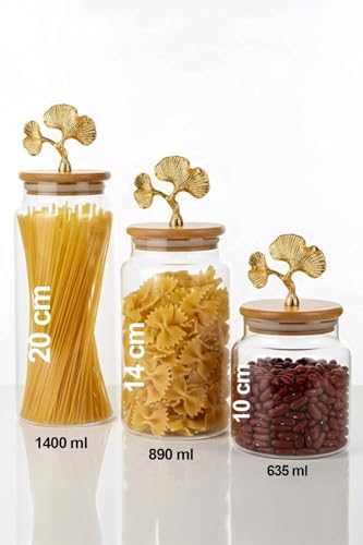 Alternative view of 3'Lü Bambu Kapaklı Metal Ginkgo Figürlü Şeffaf Cam Kavanoz Şeffaf Cam Saklama Kabı 635/890/1400Ml