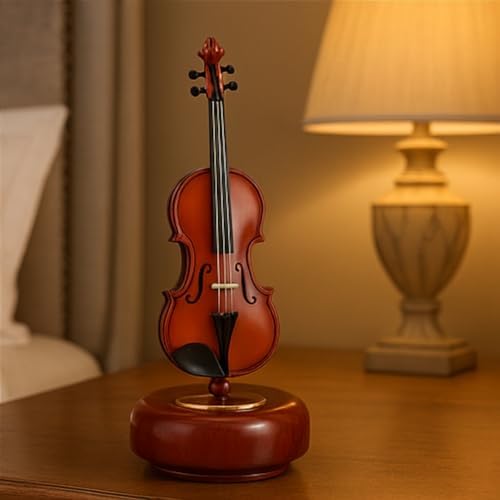 Dekoratif Klasik Keman Figürlü Müzik Kutusu – 18 cm Ahşap Standlı Retro Döner Mekanizmalı Masaüstü Süs ve Hediyelik