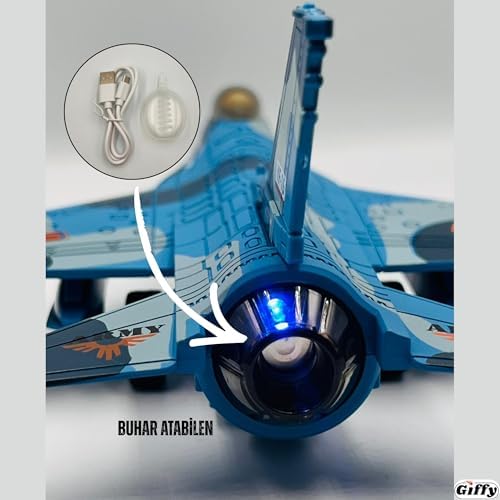 Oyuncak Model Uçak Dahili Şarjlı Buhar Atabilen Metal Kasa Işıklı Sesli Standlı Sürtmeli Savaş Uçağı + Kutulu F-16 (Mavi) - Görsel 3