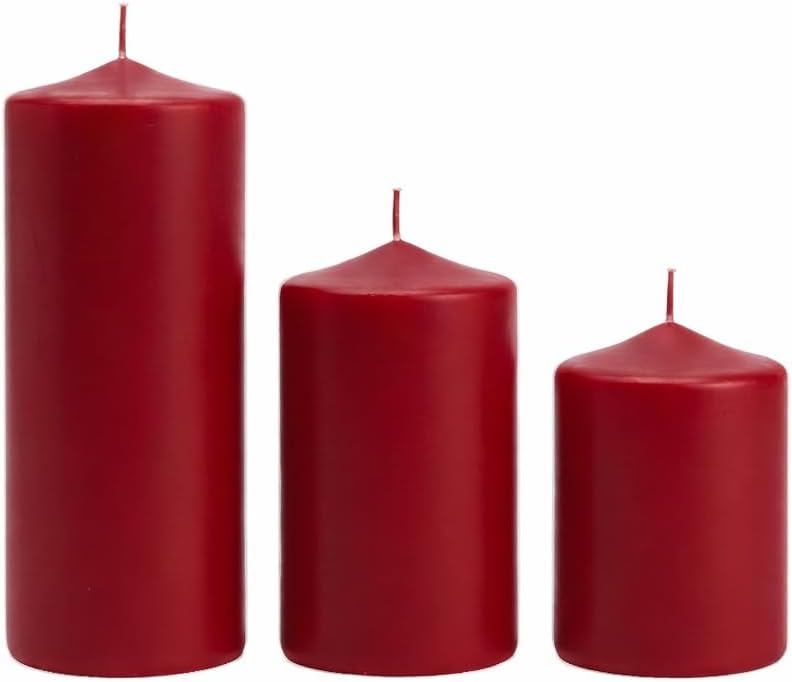 3’lü Kırmızı Silindir Mum Seti, İçten Yanan Dekoratif Blok Mumlar, Küçük 7x7 cm, Orta 7x10 cm, Büyük 7x15 cm, Uzun Süre Yanış, Kokusu Olmayan Şık Mum Seti