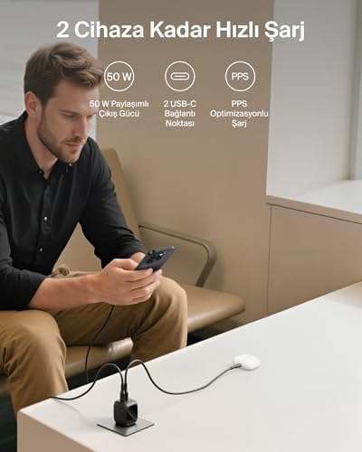 2 Bağlantı Noktalı USB-C Şarj Cihazı 50 W, 2x USB-C Çift Bağlantı Noktalı GaN Şarj Cihazı, MacBook, iPhone 17, iPad Pro, Chromebook, Galaxy S25 Ultra, Pixel 10 vb. için, Seyahat için, Siyah