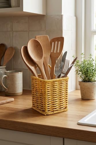 Kare Hasır Dokulu Plastik Rattan Kaşıklık ve Çatallık, Askılı Kendiliğinden Tutmalı Çok Amaçlı Mutfak Organizeri, 10x10x14 cm