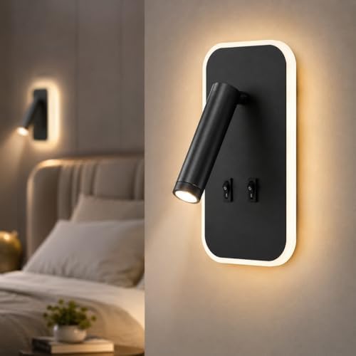 Alternative view of Tuvalu Siyah LED Duvar Apliği | 13W | 3200K Gün Işığı | Çift Anahtarlı – Çift Kademe Yanma | 930 Lümen | 220V | Yatak Başı Okuma Apliği | IP20 | 10x18x3 cm Modern Minimal İç Mekân Aydınlatma