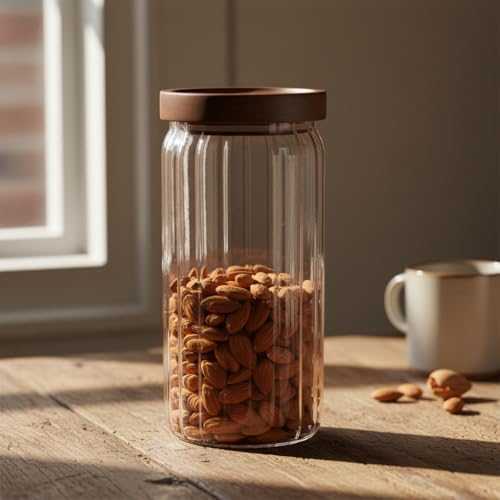 Alternative view of Akasya Kapaklı Çizgili Cam Kavanoz (1000ml /1 Litre) | Hava Geçirmez, Modern Fitilli Tasarım Gıda Saklama Kabı | Kahve, Çay, Kuruyemiş ve Bakliyat Kavanozu (9x20cm)