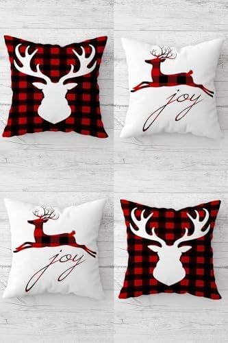 Yılbaşı Christmas Geyik Desen Gizli Fermuarlı Kırlent Kılıfı Koltuk Yastık Kılıfı Takım(4adet), Kırmızı-Beyaz-Siyah 45 x 45