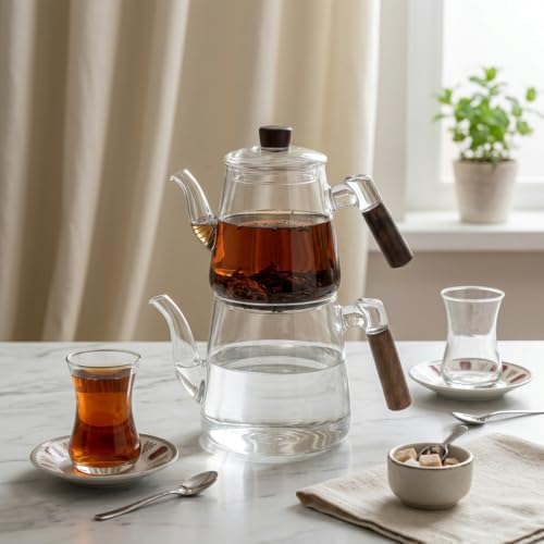 Alternative view of 1000 ml + 750 ml Akasya Ahşap Kulplu Cam Çaydanlık Takımı - Isıya Dayanıklı Borosilikat Pürüzsüz Şeffaf Tasarım, Yaylı Süzgeçli Lüks Çaydanlık