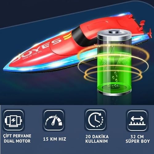 Oyuncak Uzaktan Kumandalı Full fFonksiyon 2.4 GHz 15 Km Hız Yapan Şarjlı Yarış Teknesi Led Işıklı Su Yalıtımlı Havuz Göl Gölet İçin Uygun 1200 MAh Batarya (KIRMIZI)