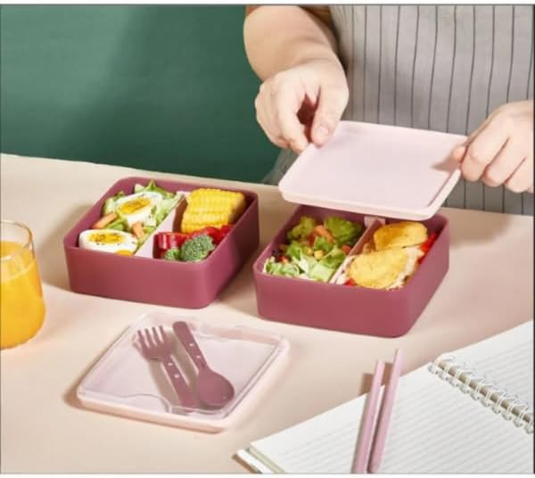 Smart Bölmeli 2 Katlı Çatal Kaşıklı Pembe Beslenme Kabı KARE - MÜRDÜM - Görsel 2