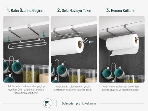 Alternative view of Alper Banyo Pratik Solo Kağıt Havluluk Krom, Dolap İçi Askılı Kağıt Havlu Tutucu, Delmeden Montajlı Mutfak Rulo Havluluk, Paslanmaya Dayanıklı Metal Tasarım