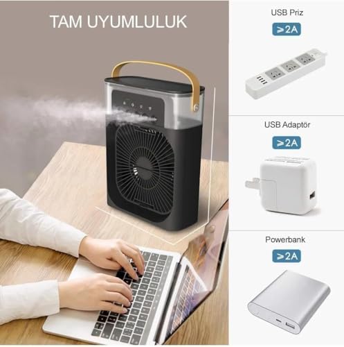 Şarjlı Soğutmalı Vantilatör - Siyah - 7 Renk LED Işıklı Mini Hava Soğutucu, Buharlı Nemlendirici, Parfüm Hazneli, Zaman Ayarlı, Taşınabilir USB Fan (Ev & Ofis İçin)