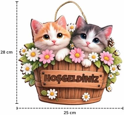 Hoş Geldin Kedi Çiçek Dekorlu Ahşap Kapı Süsü 28-25 cm, Kapı Önü Süsü, Bahçe Süsü - Görsel 3