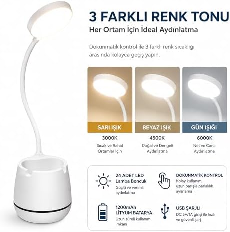 Masa Lambası Şarjlı Dokunmatik 24 LED’li, 3 Renk Modlu Ayarlanabilir Işık, USB Şarjlı, Esnek Gövde, Modern Masa ve Gece Lambası