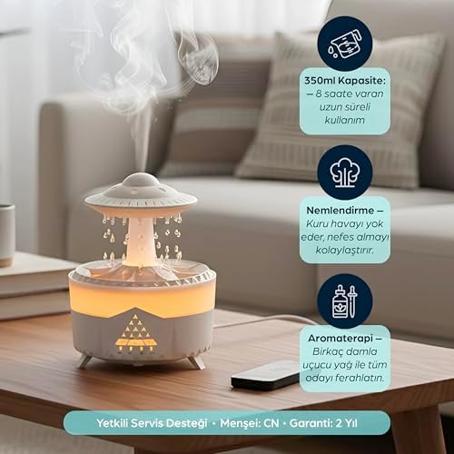 Alternative view of Yağmur Damlası Aroma Difüzörü – Hava Nemlendirici Buhar Makinesi – Raindrop Modlu, Renkli Işıklı, Zaman Ayarlı & Otomatik Kapanmalı Dekoratif Difüzör Uzaktan Kumandalı