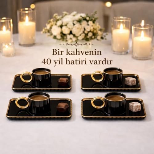 6’lı Gold Siyah Türk Kahvesi Fincan Seti – Altın Detaylı Kahve Yanı Tabaklı, Porselen Fincan ve Sunum Tabağı Takımı - Görsel 3