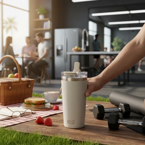 Alternative view of 530 ml Pipetli ve Ağızlıklı Çelik Termos Kupa - Çift Fonksiyonlu Kapak - Sıcak/Soğuk Tutan Seyahat Bardağı (Travel Mug) - 4 Farklı Renk Seçeneği (KREM)