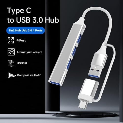 Alternative view of 3360 Usb 3.0 Type C Hub 4 Port Çoklayıcı Çoğaltıcı Çevirici Dönüştürücü Adaptör 2'si 1 Arada USB & Type-C 4 Portlu Hub USB Type-A & USB Type-C (Hibrit Tasarım) 5 Gbps (USB 3.0 Destekli)
