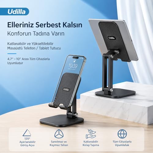 Katlanabilir Masaüstü Telefon ve Tablet Standı, Ayarlanabilir Katlanır Telefon Tutucu (Siyah) - Görsel 2