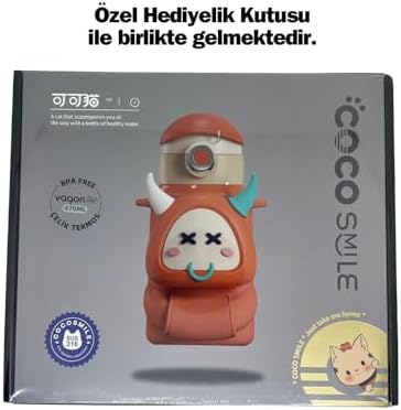 Cocosmile 470ml Sevimli Ses Çıkaran Kılıflı Pipetli Askılı Çelik Termos Çocuk Matarası - Görsel 2