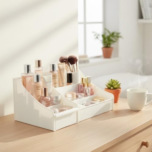 Çekmeceli Beyaz Organizer – Çok Bölmeli Masaüstü ve Makyaj Organizeri, Kozmetik, Ofis ve Banyo Düzenleyici, Dayanıklı Plastik, Modern Tasarım