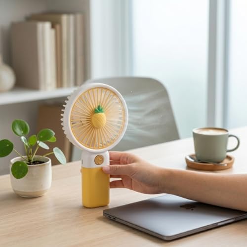 Mini-Fan Taşınabilir El Fanı, USB Şarjlı, 3 Kademeli Hız, Masaüstü Standlı, 16 cm, 3 Kademeli Hız Ayarlı, Ananas Desenli, Sarı - Görsel 3