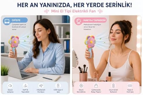 Alternative view of Mini El Fanı USB Şarjlı Type-C Bağlantılı 3 Kademeli Taşınabilir Elektrikli Fan Masaüstü ve El Tipi Kullanım Renk Serinletici Fan Mavi Pembe Sarı Papatya