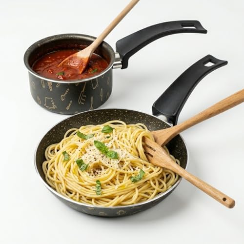 Master 2'li Ekonomik Set: 12 cm Sosluk & 20 cm Tava - Mutfak Desenli Gold Mastik Yanmaz Yapışmaz Set