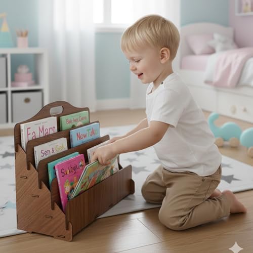 Carry Montessori 4 Raflı Ahşap Mini Kitaplık -Çocuk Odası Kitaplık (Ceviz Renk)