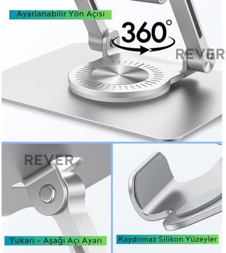Rever Tablet Standı 360° Dönen Metal Masaüstü Açılı Katlanabilir Tablet Tutucu Stant