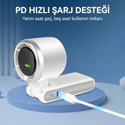 Blic BWFN22 Turbo El Vantilatörü Mini Fan Vantilatör Katlanabilir 3’ü 1 Arada Taşınabilir Fan 5 Kademeli LED Ekranlı USB-C Şarjlı Mini Vantilatör Boyun Askılı Masaüstü Kullanım (Beyaz)