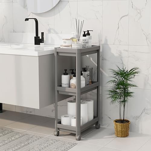 Alternative view of Peggy 3 Katlı Tekerlekli Raf Ünitesi - 36x71x23 cm Dar Alan Düzenleyici - Mutfak ve Banyo İçin Aletsiz Kurulum Servis Arabası (Beyaz - Siyah - Gri) (GRİ)