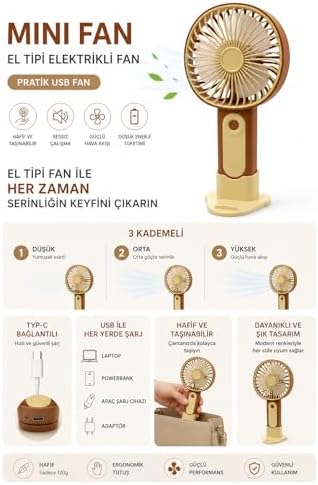 Mini El Fanı USB Şarjlı Type-C Bağlantılı 3 Kademeli Taşınabilir Elektrikli Fan Masaüstü ve El Tipi Kullanım Kahverengi Renk Serinletici Fan