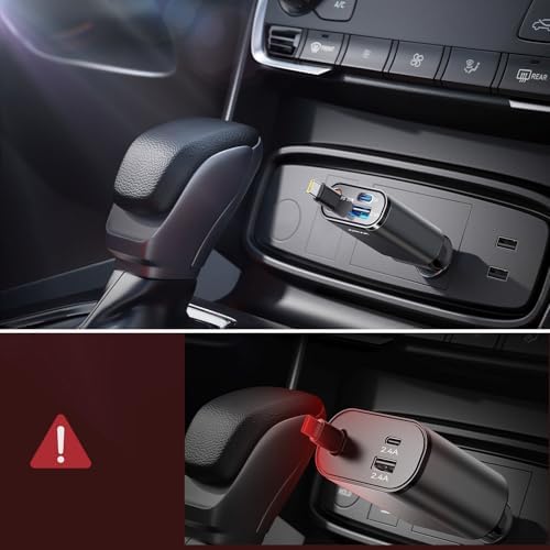 JR-CCL07 3'ü 1 Arada Geri Çekilebilir Araç Şarj Cihazı - Çift USB ve Tip-C Bağlantı Noktaları, Hızlı Şarj, Yerden Tasarruflu Tasarım, Akıllı Telefonlar ve Tabletlerle Uyumlu - Koyu Gri