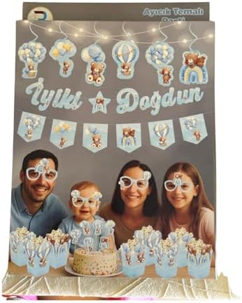 Alternative view of JL Ayıcık Temalı Doğum Günü Parti Seti, Mavi, 29 Parçalı, Banner, Tavan Sarkıt, 3D Gözlük, Pasta Figürü ve Mısır Kutusu (Mavi, Doğum Günü Konseptli Dekorasyon Paketi)