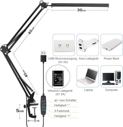 Alternative view of Dekoratif Led Masa Lambası SY040 USB Kablolu Kademeli 3 Eklemli LED Masa Lambası, Kıskaçlı Model Çalışma Masası Lambası Kitap Okuma için Işık (SY040 - Siyah)
