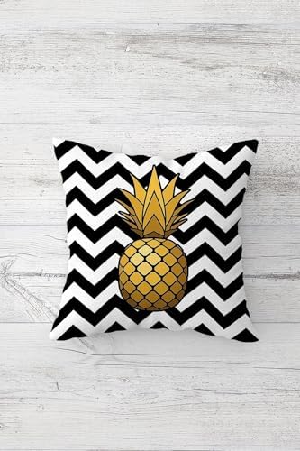 Ananas Ve Tropikal Meyve Desenli Gizli Fermuarlı Kırlent Kılıfı Koltuk Yastık Kılıfı Takım(4adet), Gold-Siyah Beyaz 45 x 45