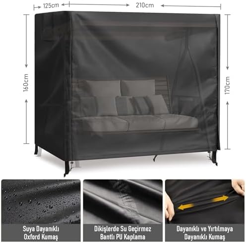 Bahçe Salıncak Koruma Örtüsü Üç Kişilik Tenteli Hamak Bahçe Salıncağı Koruma Kılıfı Su Geçirmez Branda Dayanıklı 210x125x170cm Siyah - Görsel 3