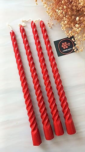 (4 Adet 27.5Cm) Balmumu Mum Konik Burgulu Balmumu Şamdan Mumu Doğal Petek Balmumu Mum Dekoratif Kırılmaz Akmaz Mum Bal Mumu Beeswax Candle (Kırmızı)