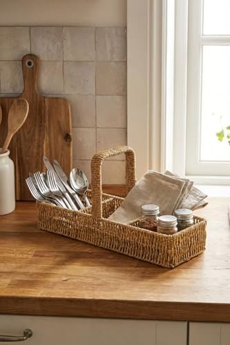 Alternative view of 3 Bölmeli Hasır Sepet Organizer Saplı, Mutfak Banyo Ofis Çok Amaçlı Düzenleyici, Plastik Rattan Kaşıklık Sepeti, 40x13x17 cm